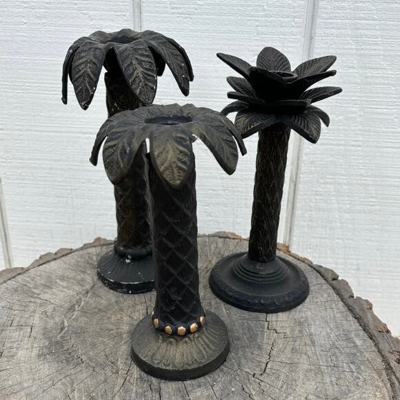 Vintage Palm Tree Candle Sticks, Vintage Beach, Set of 3 - Picture 1 of 8